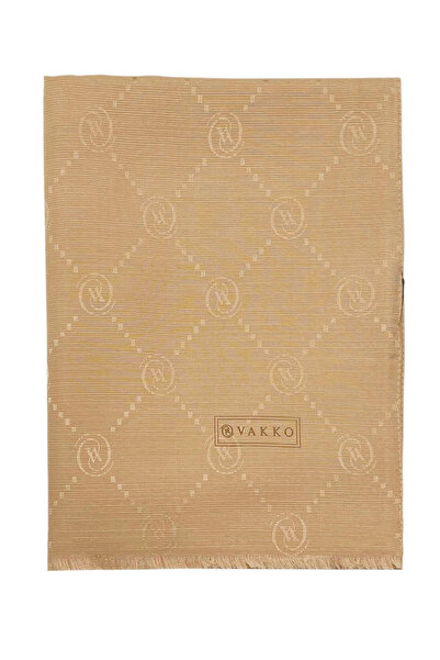 Vakko Şal din mătase de bumbac - Monogramă - Soft Camel