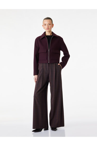 Koton Pocketed, Pleated Detailed Straight Wide-Leg Plaid Trousers