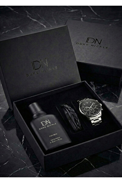 Duke Nickle Erkek Gümüş Kordon Kadran Kol Saati Bileklik ve Parfüm Hediye Seti