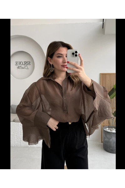 My Blog Καφέ Διαφανής Μπλούζα με Λεπτομέρεια Βολάν - 5031