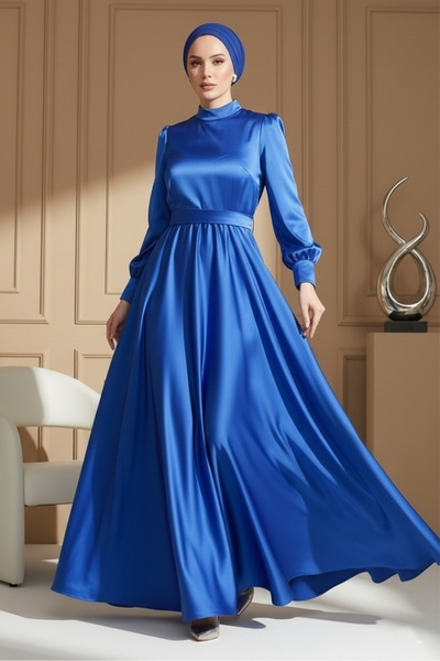 Bestenur Сакс Блакитний Сатен Вечірня Сукня - З Поясом, Модель 1136