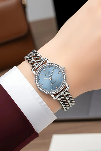 Ferrucci Steel Chain Cord Steel Case Women Wristwatch Silver-Blue Sdfer186