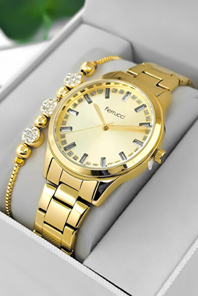 Ferrucci Steel Cord & Case Women Wrist Watch, Stone Detailed Dial Gold Sdfer181