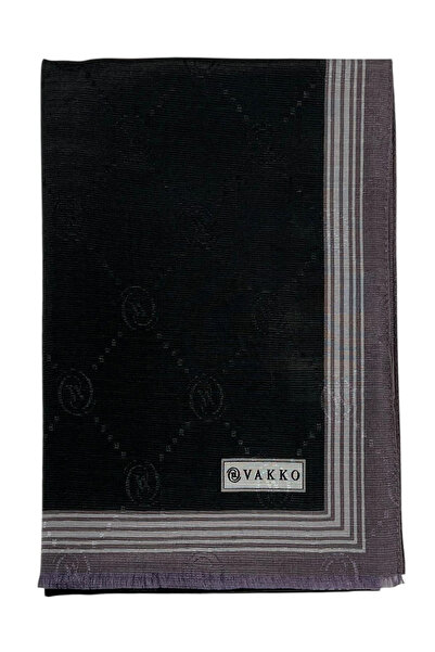 Vakko Pamuk İpek Şal - Bordürlü Monogram - Siyah Gri