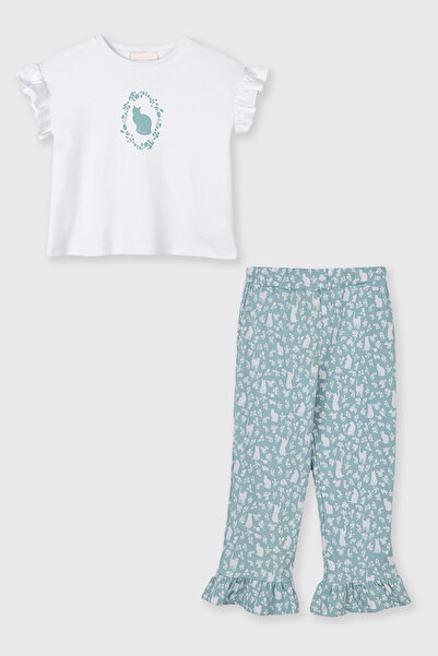 Panço Kız Çocuk Kolları Fırfır Detaylı Kedi Desenli Beli Lastikli Mavi Pijama...