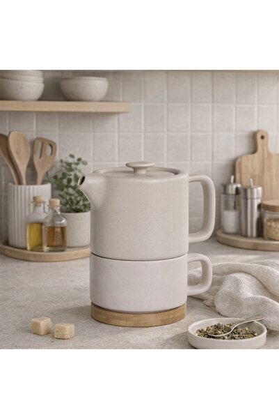 Manolex Set Ceainic cu Ceasca si Baza din Bambus Soli Cera Natura Rosa