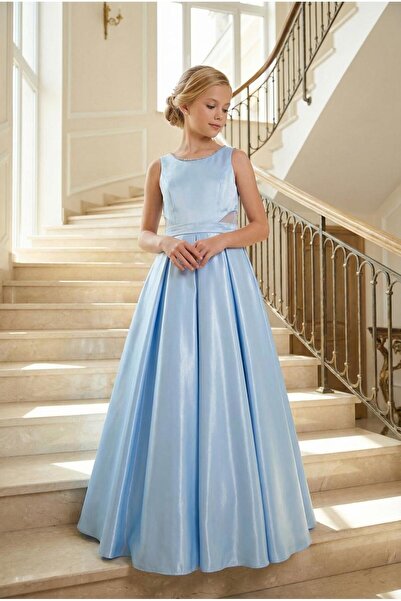 BUTİKHAPPYKİDS Βραδινό φόρεμα για κορίτσια Baby Blue Shiny Satin Long Back Bo...