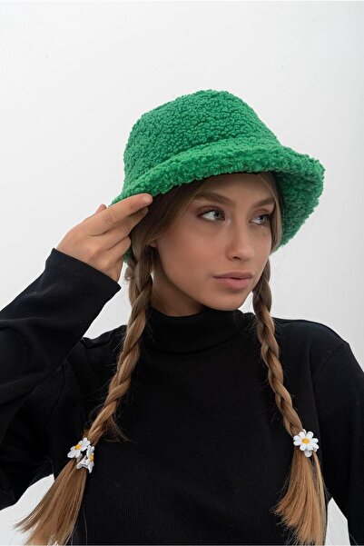 Saria Moda Pălărie de damă tip găleată din blană verde