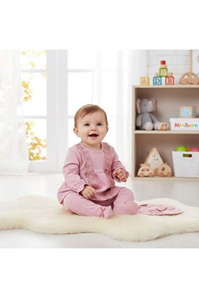 MİNİBORN طقم من خمس قطع للفتيات حديثي الولادة بأكمام طويلة وتفاصيل من الدانتي...