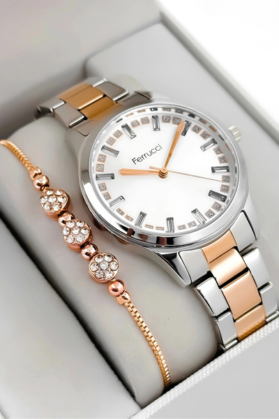 Ferrucci Steel Cord & Case Women Wrist Watch, Stone Detail Dial Silver-Rose S...