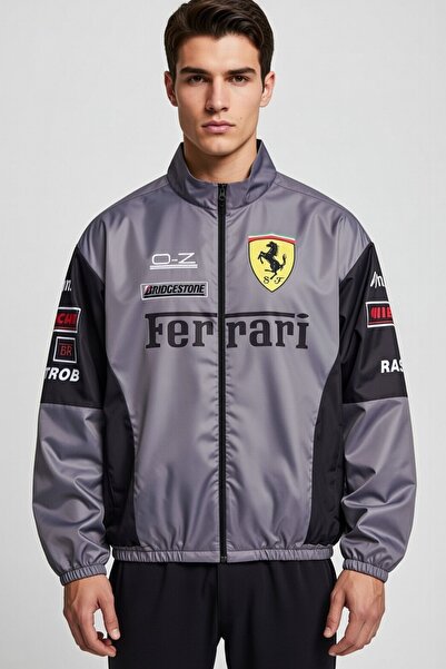 Lushen Ferrari Gri Unisex Paraşüt Kumaş Oversize Dijital Baskılı Gri Rüzgarlı...