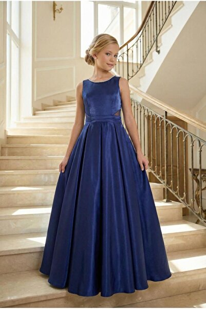 BUTİKHAPPYKİDS Вечерна рокля за момичета, сатен в цвят саксофонно синьо, с дъ...