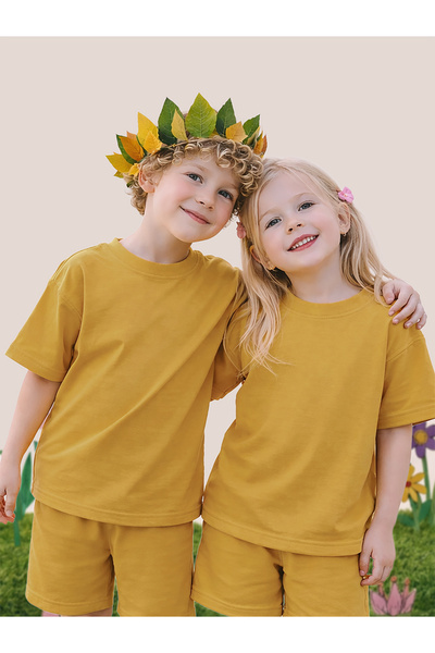 MSHB&G Tricou oversize cu gât rotund, muștar, pentru copii, unisex, 100% bumbac