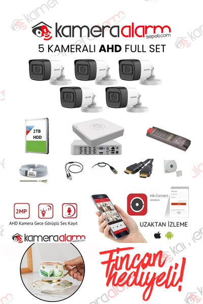 Hikvision 5 Kameralı, Ses Kayıtlı, Gece Gündüz Renkli AHD Güvenlik Kamerası S...