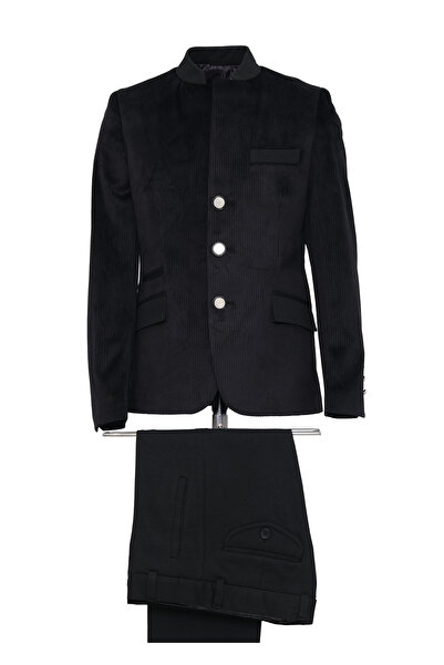 Micio بدلة حديثة للأولاد ذات أزرار معدنية مخملية سوداء وياقة رسمية وبنطلون أسود