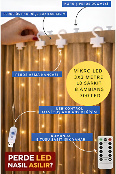 nextbuy Perde Led 3x3 Kumandalı 8 Fonksiyonlu 300 Led 10 Sarkıtlı Yılbaşı Çam Ağacı Süsleme Usb Gece Lambası