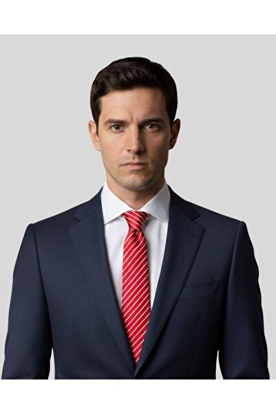 1001 Kravat Kırmızı Çizgili 7,5 cm Genişliğinde İpek Kravat