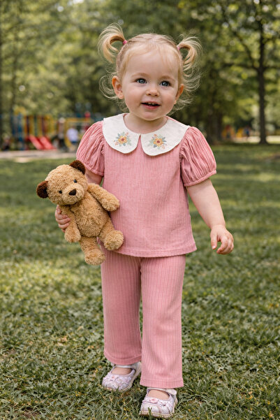 LUSSO Tekstil Dantel Yaka Detaylı İspanyol Paça Soft Pembe Kız Çocuk Alt-Üst ...