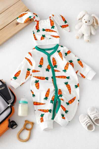 UmBaby Bebek Tulum Seti Tavşan Şapkalı – Havuç Desenli, %100 Pamuk, 3 Ay-1 Ya...