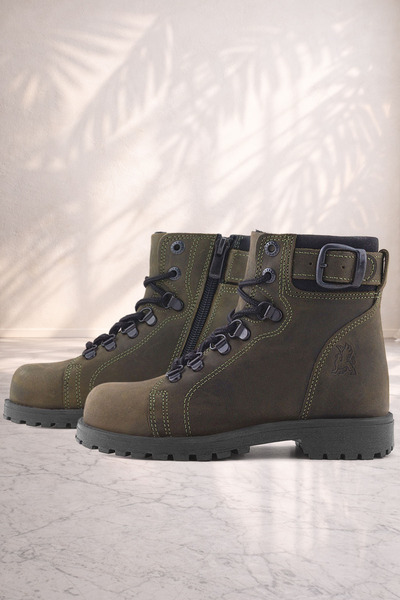 Rakerplus حذاء شتوي للأطفال من الجلد الطبيعي باللون الأخضر الكاكي بسحّاب من ج...