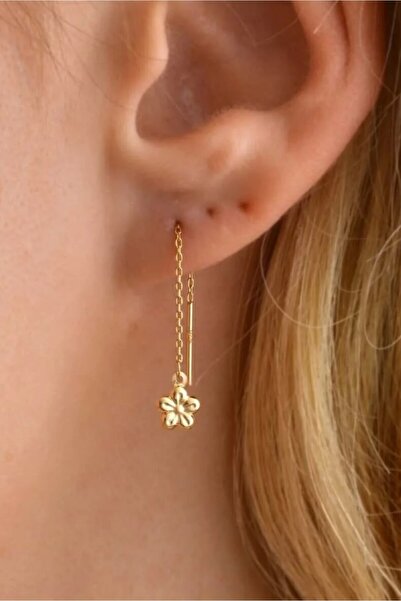 YCL JEWELLERY 14 Ayar (ÇİFT) Altın Çiçekli Zarif Detay Zincir Sallantılı Küpe