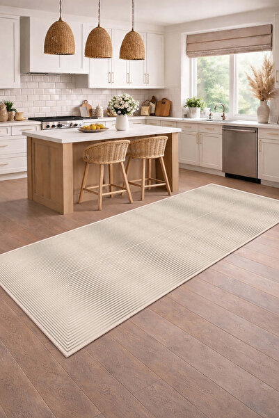 CENTER AVM Bej Halı Mutfak Halısı Makinede Yıkanabilir Halı Kaymaz Taban Halı