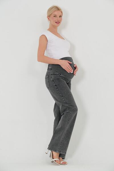 BUSA Hamile Karnı Saran Esnek Bantlı Arka Kemerli Bol Paça Kot Pantolon ANTRASİT
