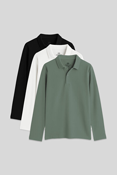 TOMMY LIFE Tricou unisex copii pachet de 3 Basic Polo Guler Negru-Alb-Verde -...
