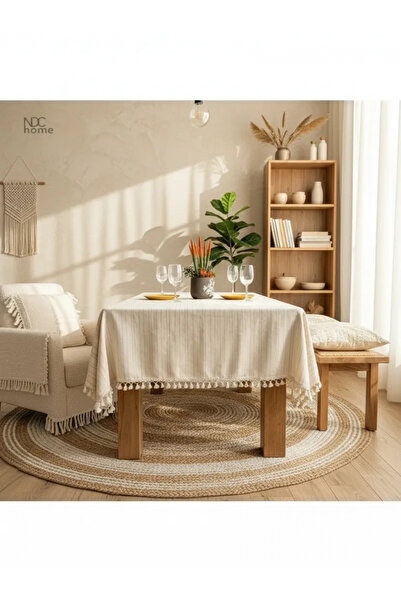 NDC HOME مفرش طاولة منسوج من الكتان المخطط باللون الكريمي