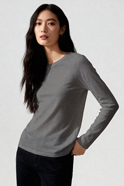 TOMMY LIFE Γκρι μελανζέ με λαιμόκοψη με μακρυμάνικο βασικό γυναικείο μπλουζάκ...