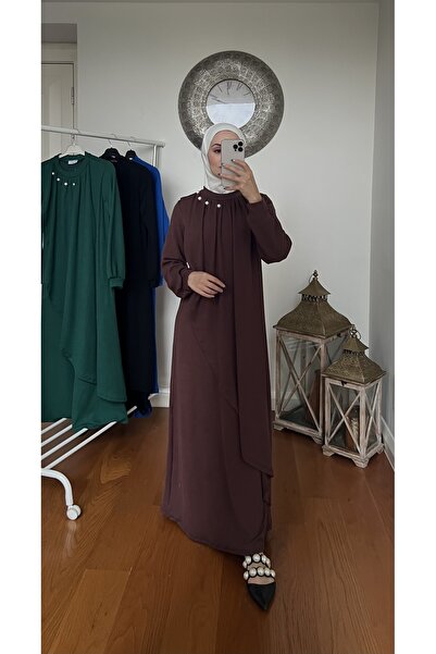 Esre Store Rochie de tricotaj Hijab cu detaliu în piatră Maro