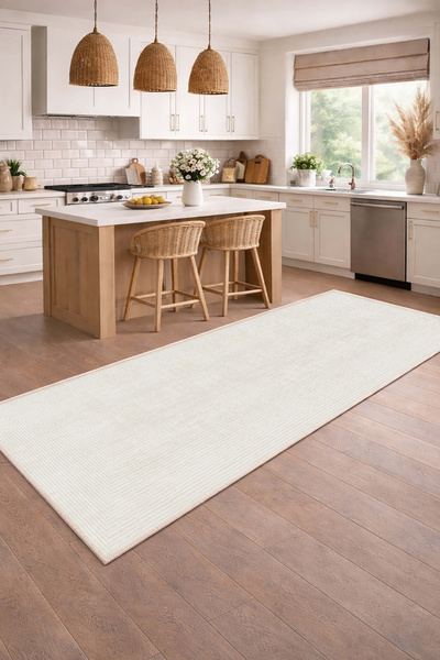 CENTER AVM Beyaz Halı Mutfak Halısı Makinede Yıkanabilir Halı Kaymaz Taban Halı