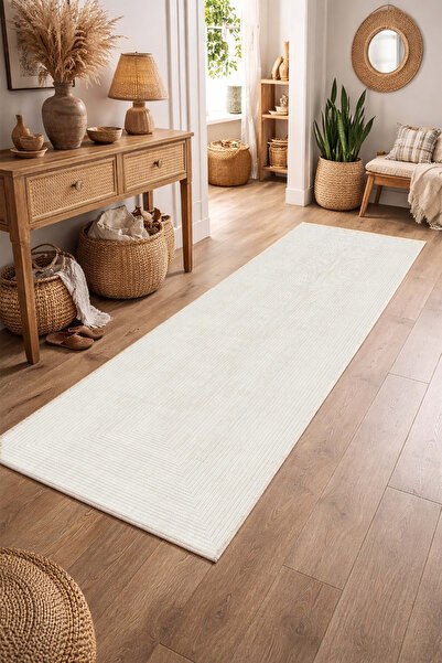 CENTER AVM Beyaz Halı Yolluk Makinede Yıkanabilir Halı Kaymaz Taban Halı