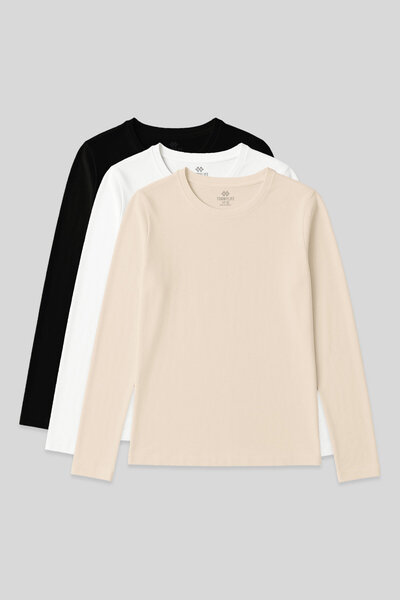 TOMMY LIFE Standart Fit Basic O Yaka 3lü Paket Siyah-Beyaz-Bej Kadın T-Shirt ...