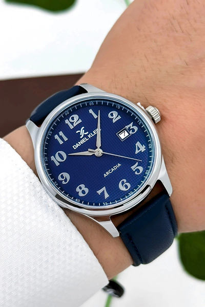 Daniel Klein Men's Leather Strap Calendar Wrist Watch Navy Blue Sddk101