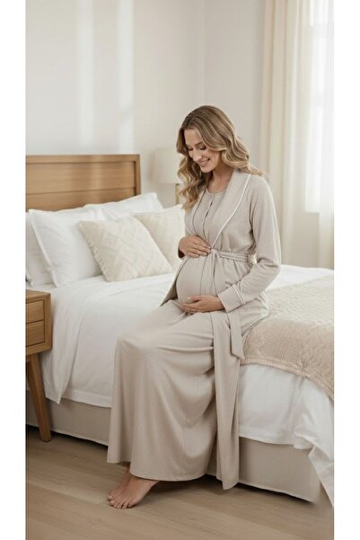 Lohusa Homewear Νέα σεζόν Μπεζ μελανζέ σάλι με γιακά, κοντό μανίκι, ολόσωμο, ...