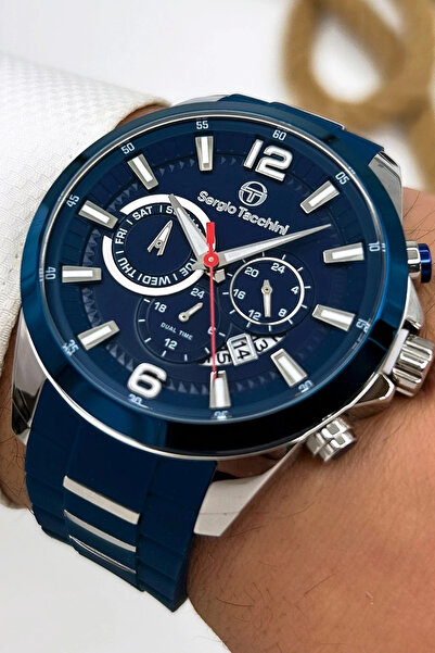 Sergio Tacchini ساعة يد رجالية فاخرة فاخرة باللون الأزرق الداكن من السيليكون ...