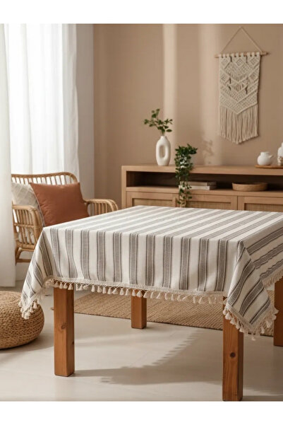 NDC HOME Linen Woven - Brown Striped Pompom Tablecloth