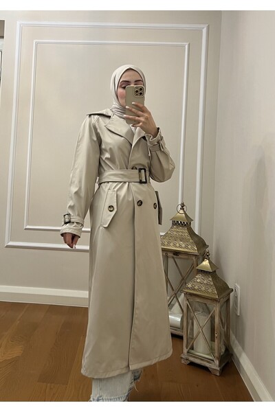 Esre Store 999 Model Tesettür Trench Coat - Με ζώνη και λεπτομέρεια από πέτρες