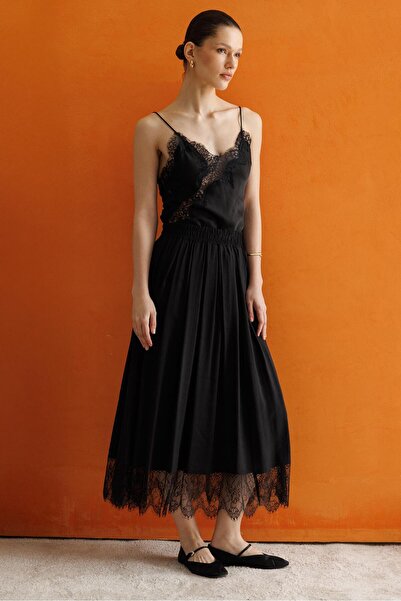 Mixray 4806 Kadın Dantel Detaylı Modal Etek Siyah