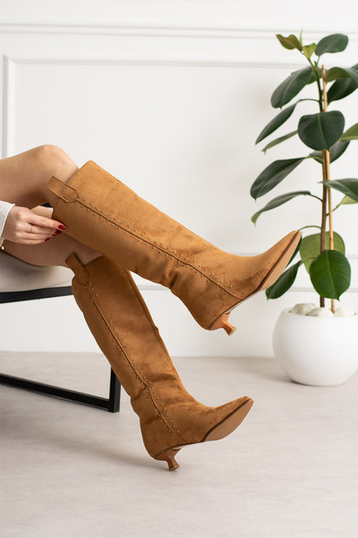 ShoeTek Luminya Kadın Çizme İnce Topuklu Yandan Pimli Taba Süet