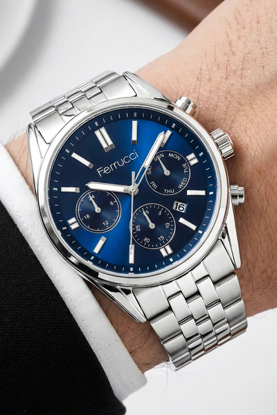 Ferrucci Men's Wristwatch with Calendar Steel Band Silver-Blue Bracelet Gift ...