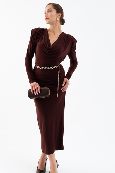 Lafaba Ženska smeđa uska haljina sa lančićem, degaje izrez komada, Kaiš