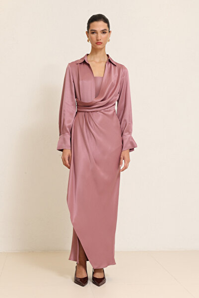 Setre Dusty Rose Shirt Collar Double Breasted Closure Long Sleeve Midi Length...