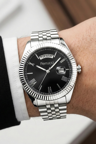 Ferrucci Men's Wristwatch with Calendar Steel Jubilee Band Silver-Black Brace...