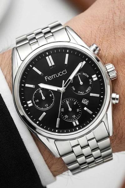 Ferrucci Men's Wristwatch with Calendar Steel Band Silver-Black Bracelet Gift...