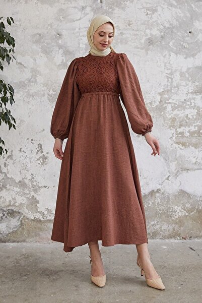 Esre Store Μοντέλο 3355 - Καφέ Φόρεμα Τεσεττούρ, με Πλεκτή Λεπτομέρεια