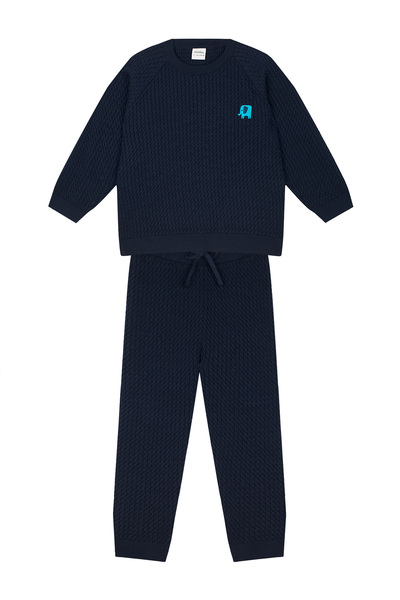 Antebies Navy Blue, Herringbone, Elephant Embroidery, Knitwear, Elastic Waist...