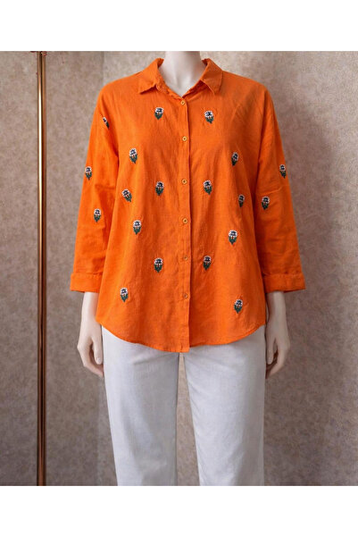 aleksandritbutik ALEKSANDRİT BUTİK NAKIŞ DETAY KADIN KETEN GÖMLEK