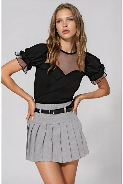 OLSAMODA KADIN TÜL GARNİLİ PRENSES KOL ESNEK KUMAŞ BLUZ